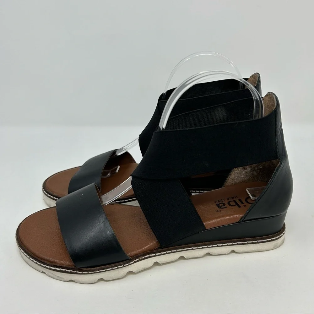 Diba True Black Leather and Fabric Strappy Wedge Comfort Sandals Size 9.5